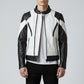 Scarlett Stitch men's black and white leather motorcycle jacket with quilted shoulder panels and zippered pockets.
