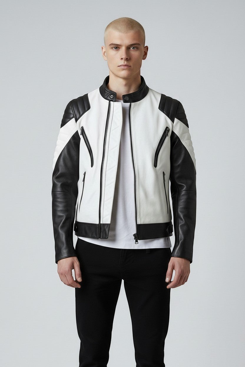 Scarlett Stitch men's black and white leather motorcycle jacket with quilted shoulder panels and zippered pockets.