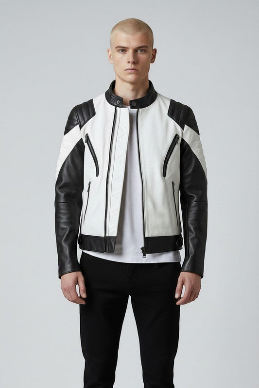 Scarlett Stitch men's black and white leather motorcycle jacket with quilted shoulder panels and zippered pockets.