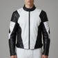 Scarlett Stitch men's black and white leather motorcycle jacket with quilted shoulder padding and mandarin collar.