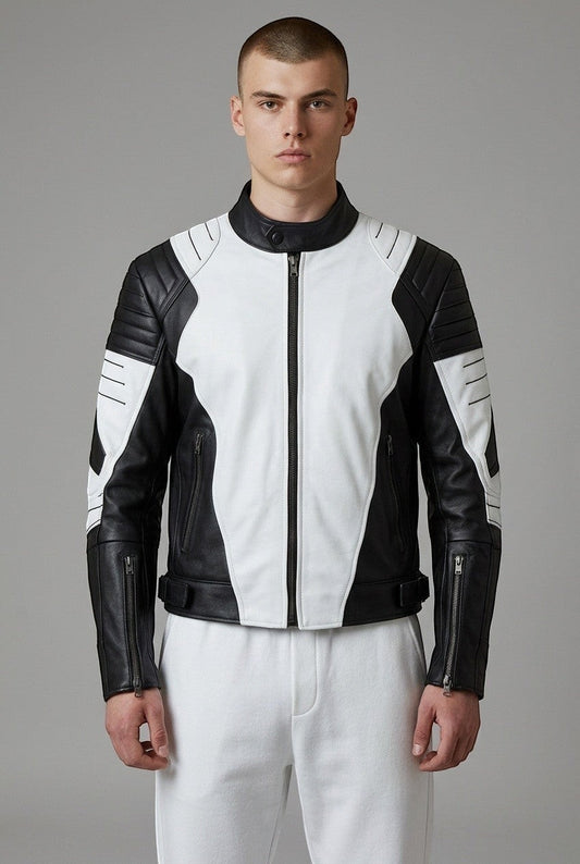 Scarlett Stitch men's black and white leather motorcycle jacket with quilted shoulder padding and mandarin collar.
