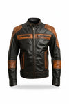 Scarlett Stitch men's two-tone black and distressed brown leather motorcycle jacket with quilted shoulder detailing.