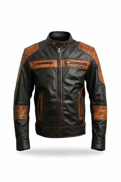 Scarlett Stitch men's two-tone black and distressed brown leather motorcycle jacket with quilted shoulder detailing.