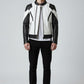 Scarlett Stitch men's black and white leather motorcycle jacket with quilted shoulder panels and zippered pockets.