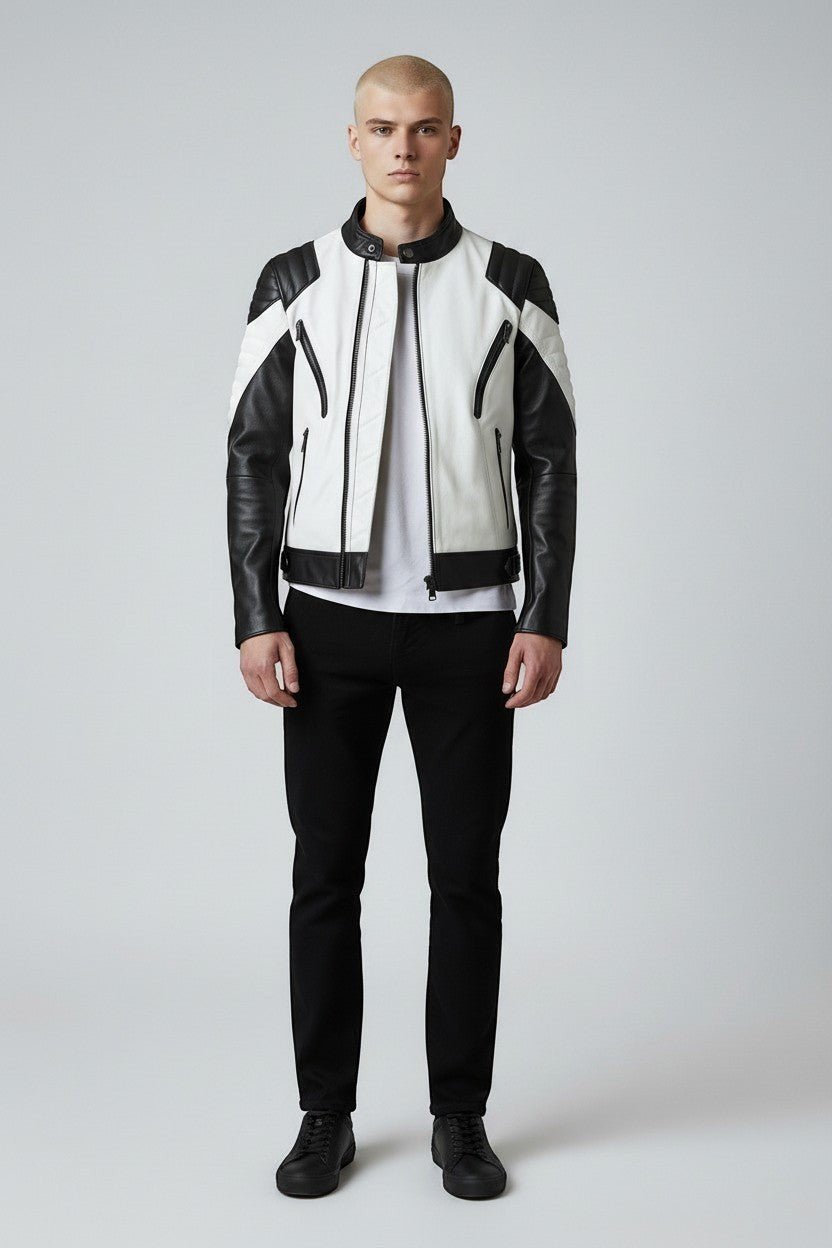 Scarlett Stitch men's black and white leather motorcycle jacket with quilted shoulder panels and zippered pockets.