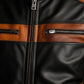 Scarlett Stitch men's two-tone black and distressed brown leather motorcycle jacket with quilted shoulder detailing.