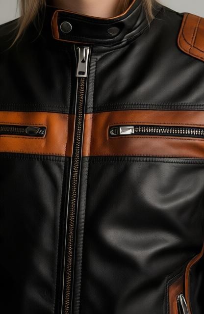 Scarlett Stitch men's two-tone black and distressed brown leather motorcycle jacket with quilted shoulder detailing.