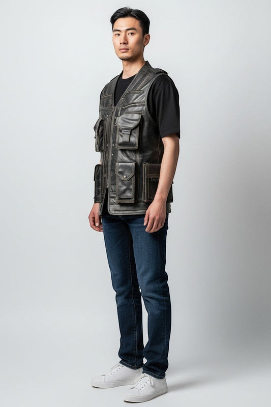 Man wearing a Scarlett Stitch distressed leather utility vest with multiple pockets over a black t-shirt and jeans.