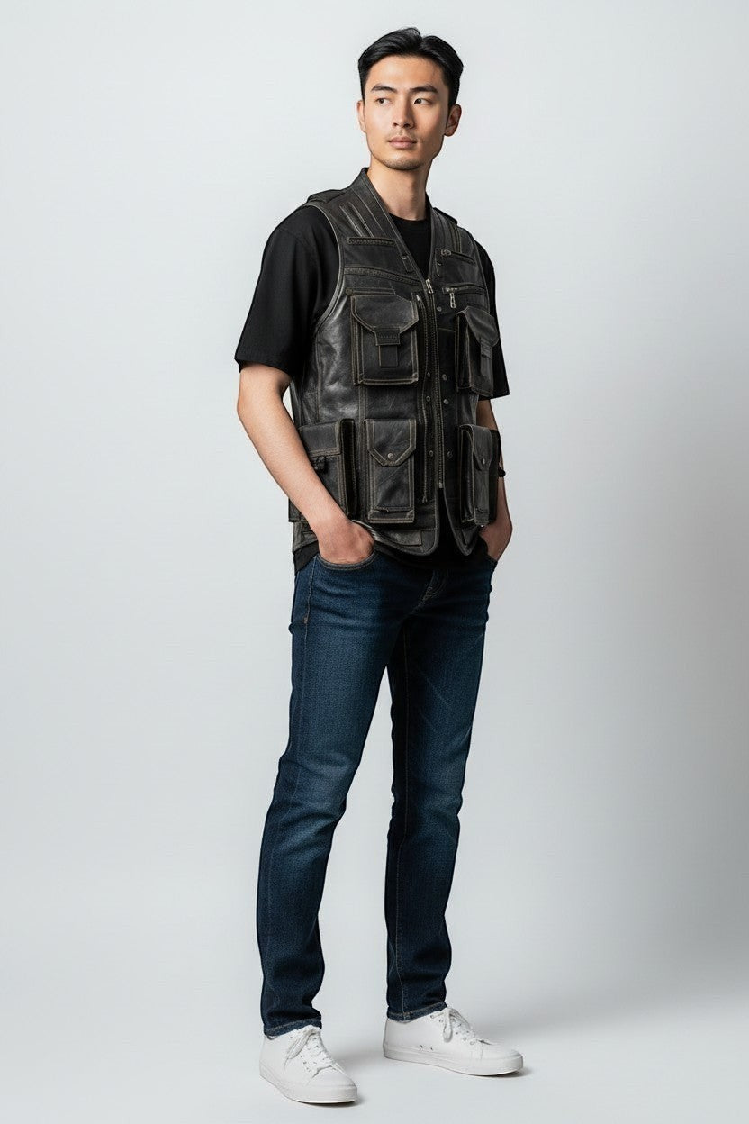 Man wearing a Scarlett Stitch distressed leather utility vest with multiple pockets over a black t-shirt and jeans.
