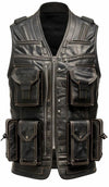 Scarlett Stitch distressed black leather utility vest with multiple cargo pockets and heavy-duty zipper closure.