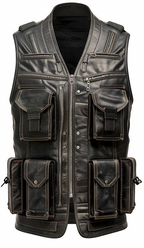 Scarlett Stitch distressed black leather utility vest with multiple cargo pockets and heavy-duty zipper closure.