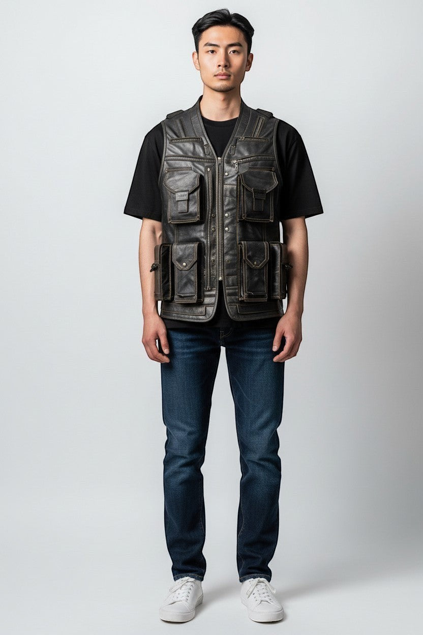 Man wearing a Scarlett Stitch distressed dark brown leather utility vest with multiple pockets over a black t-shirt.