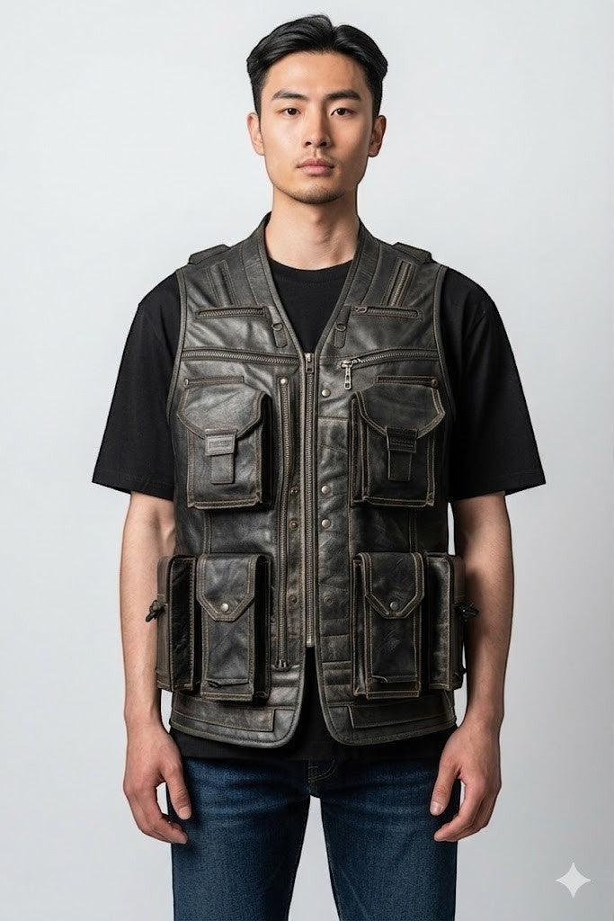 Man wearing a Scarlett Stitch distressed leather utility vest with multiple pockets and a front zipper closure.