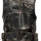 Scarlett Stitch black distressed leather utility vest with multiple storage pockets and reinforced panel detailing.