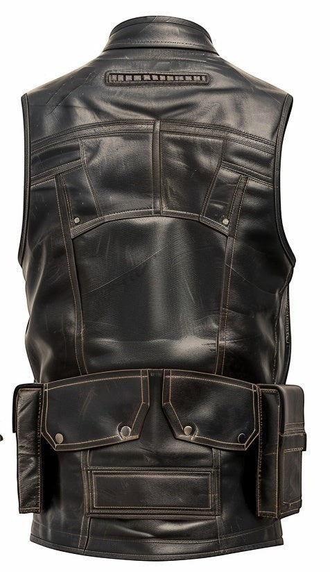 Scarlett Stitch black distressed leather utility vest with multiple storage pockets and reinforced panel detailing.