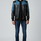Scarlett Stitch men's black and blue leather bomber jacket with ribbed cuffs and collar, and distinctive shoulder detailing.