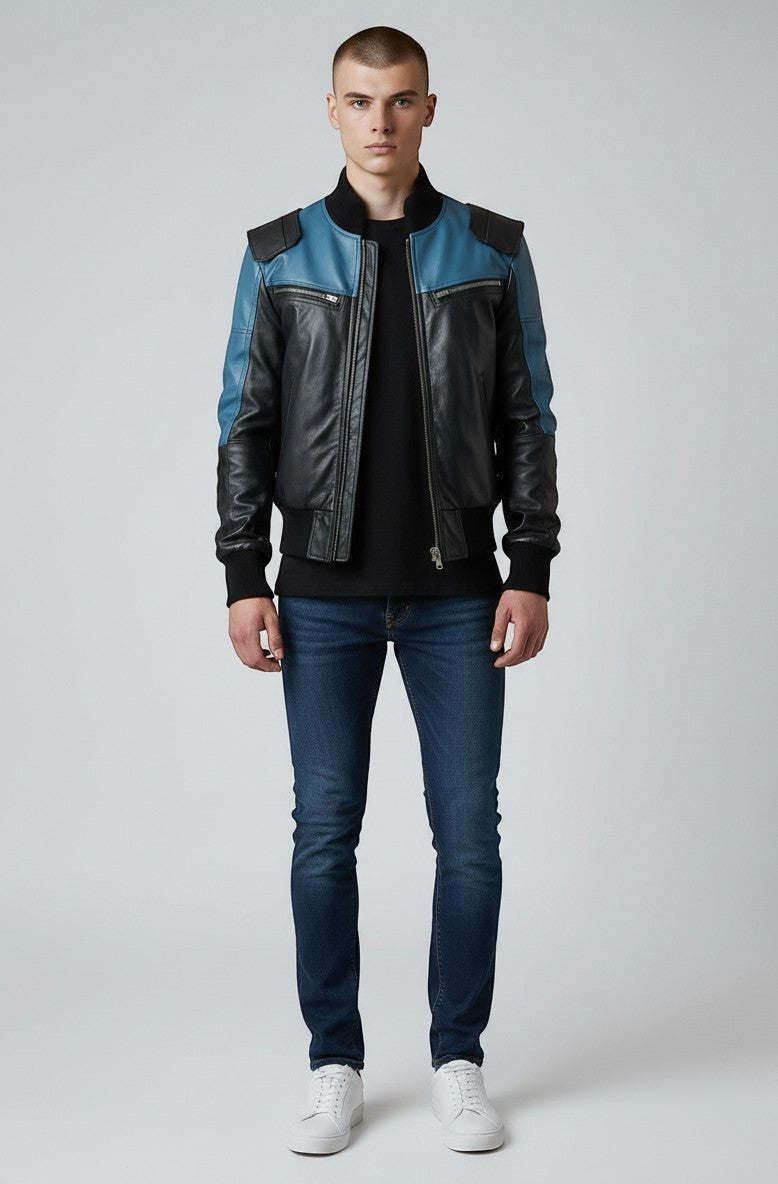 Scarlett Stitch men's black and blue leather bomber jacket with ribbed cuffs and collar, and distinctive shoulder detailing.