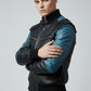 Scarlett Stitch men's black and blue leather bomber jacket with ribbed cuffs and collar, and distinctive shoulder detailing.