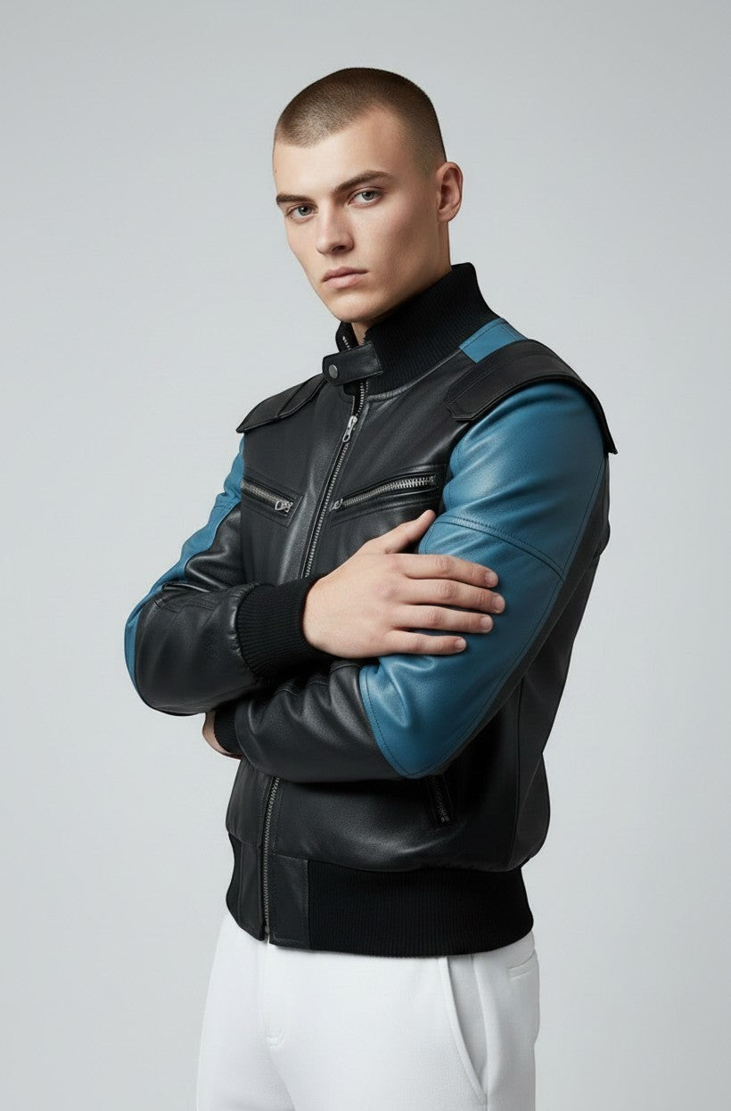 Scarlett Stitch men's black and blue leather bomber jacket with ribbed cuffs and collar, and distinctive shoulder detailing.