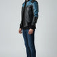 Scarlett Stitch men's black and blue leather bomber jacket with ribbed cuffs and collar, and distinctive shoulder detailing.