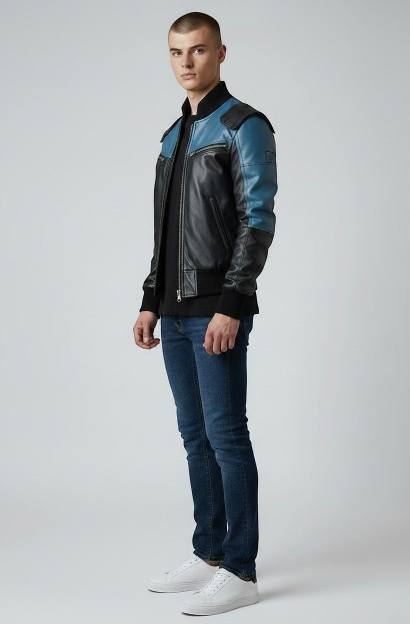 Scarlett Stitch men's black and blue leather bomber jacket with ribbed cuffs and collar, and distinctive shoulder detailing.