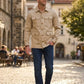 Scarlett Stitch Men's beige cotton blend safari utility jacket with multiple flap pockets and epaulets.