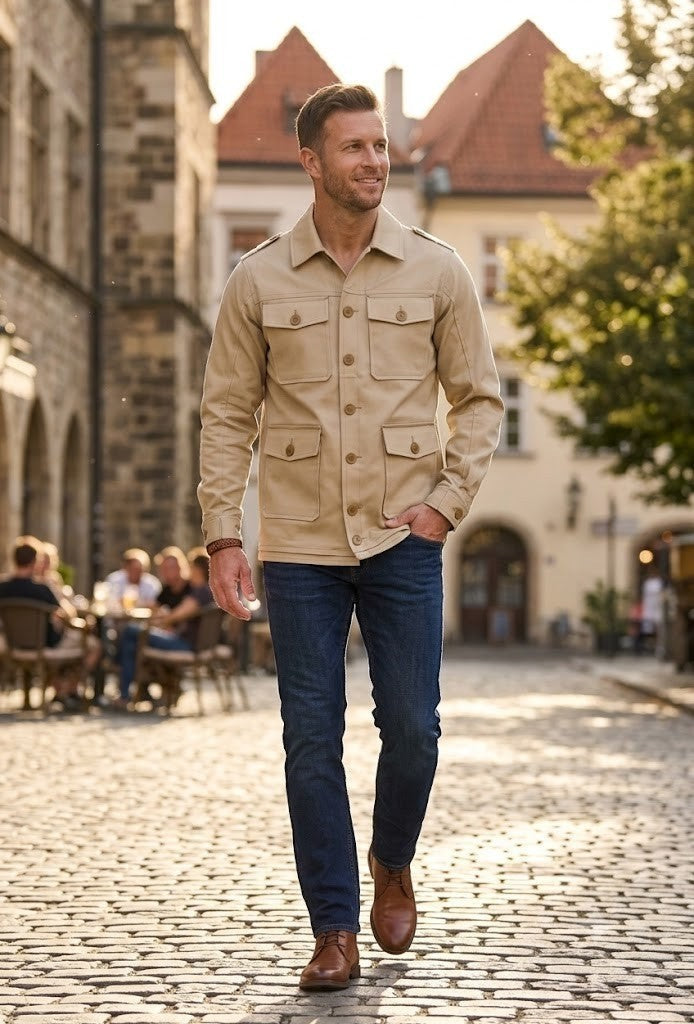 Scarlett Stitch Men's beige cotton blend safari utility jacket with multiple flap pockets and epaulets.