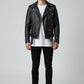 Scarlett Stitch men's black faux leather biker jacket with asymmetrical zipper, waist belt, and snap-button collar.
