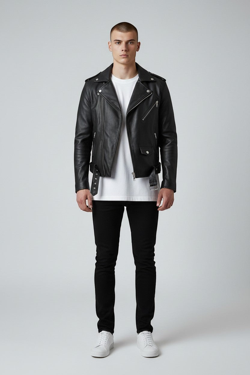 Scarlett Stitch men's black faux leather biker jacket with asymmetrical zipper, waist belt, and snap-button collar.