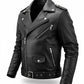Scarlett Stitch black faux leather biker jacket with asymmetrical zipper, snap collar, and adjustable waist belt.