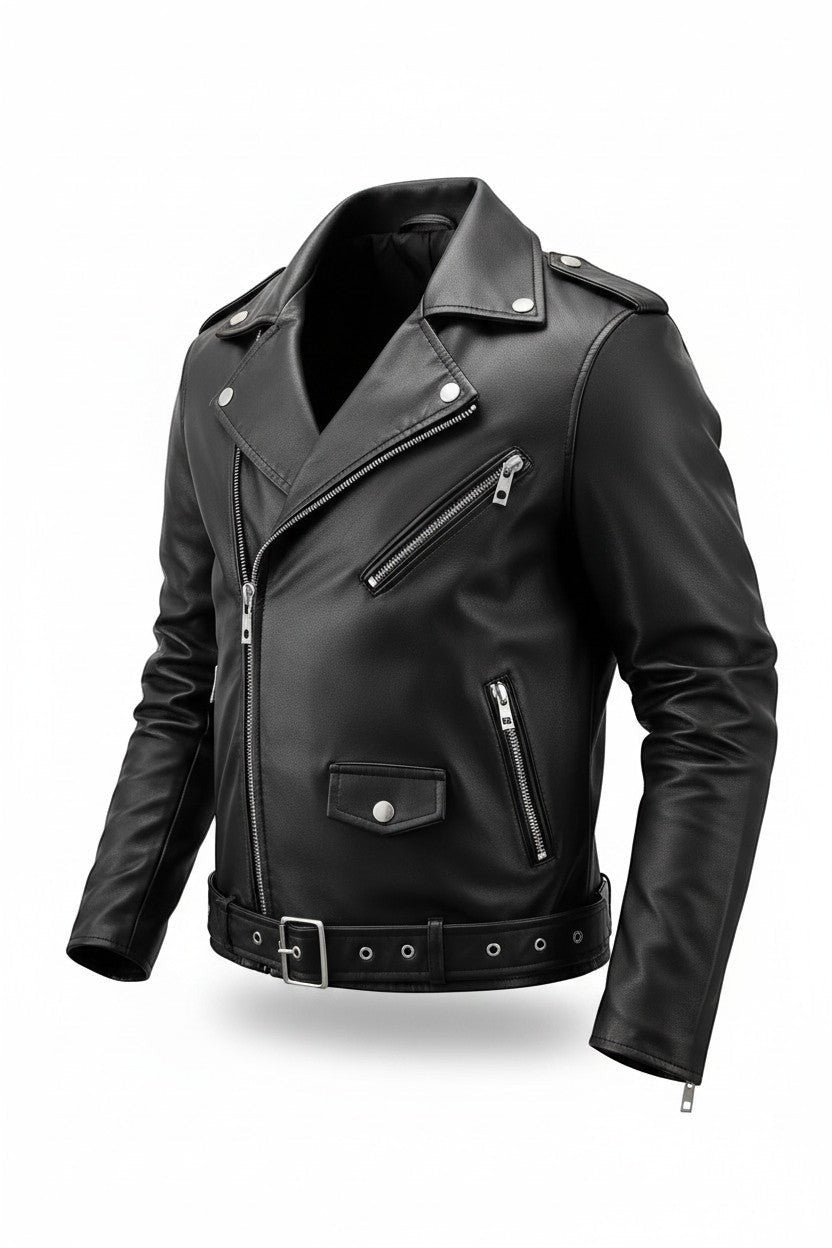 Scarlett Stitch black faux leather biker jacket with asymmetrical zipper, snap collar, and adjustable waist belt.