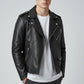 Scarlett Stitch men's black faux leather biker jacket with asymmetrical zipper, snap collar, and silver hardware.