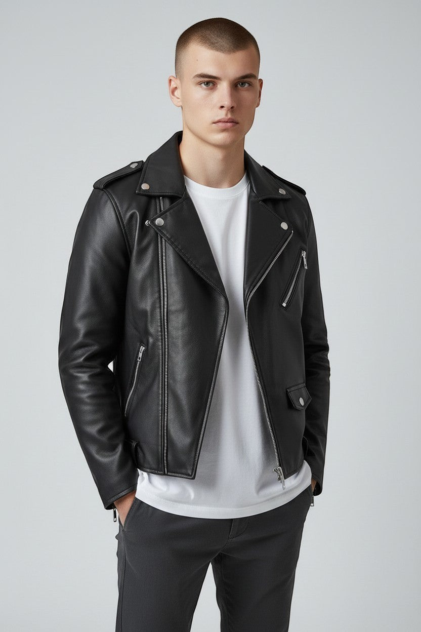 Scarlett Stitch men's black faux leather biker jacket with asymmetrical zipper, snap collar, and silver hardware.