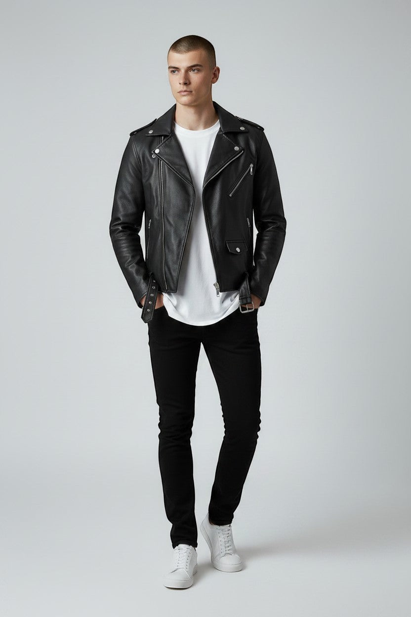 Model wearing a Scarlett Stitch black faux leather biker jacket with asymmetrical zip, belt, and silver hardware.