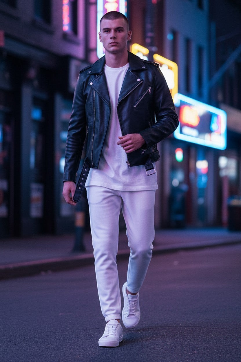 Scarlett Stitch black faux leather biker jacket with asymmetrical zipper, worn by a man in a city street at night.
