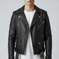 Scarlett Stitch men's black faux leather biker jacket with asymmetrical zipper, snap lapels, and adjustable waist belt.