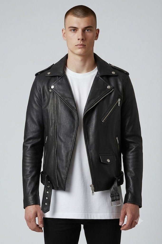 Scarlett Stitch men's black faux leather biker jacket with asymmetrical zipper, snap lapels, and adjustable waist belt.