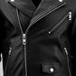 Scarlett Stitch black faux leather biker jacket with asymmetrical zipper, snap-button collar, and adjustable waist belt.