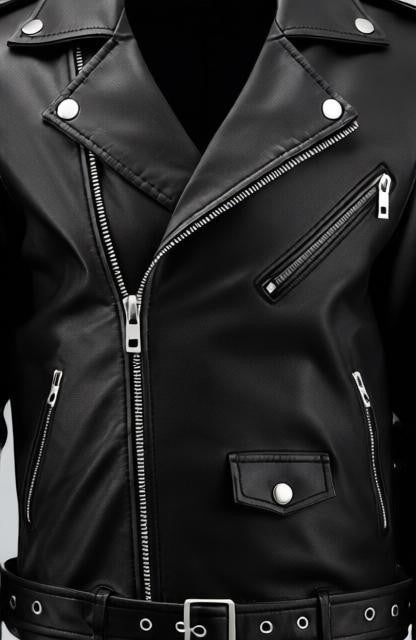 Scarlett Stitch black faux leather biker jacket with asymmetrical zipper, snap-button collar, and adjustable waist belt.