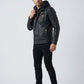 Scarlett Stitch Men's black faux leather hooded jacket with layered design, multiple pockets, and antique brass hardware.