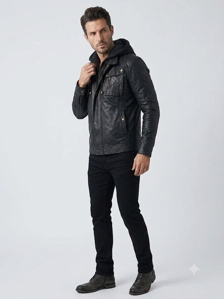 Scarlett Stitch Men's black faux leather hooded jacket with layered design, multiple pockets, and antique brass hardware.