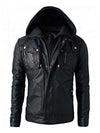 Scarlett Stitch Men's black faux leather hooded jacket with multiple zippered and flap pockets.