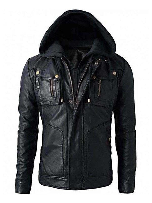 Scarlett Stitch Men's black faux leather hooded jacket with multiple zippered and flap pockets.