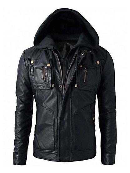 Scarlett Stitch Men's black faux leather hooded jacket with multiple zippered and flap pockets.