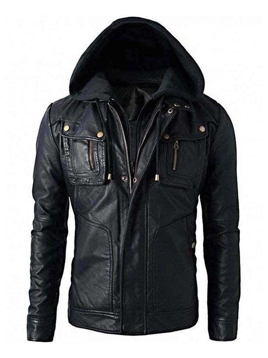Scarlett Stitch Men's black faux leather hooded jacket with multiple zippered and flap pockets.