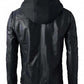 Scarlett Stitch Men's black faux leather hooded jacket with detailed stitching and antique brass hardware.