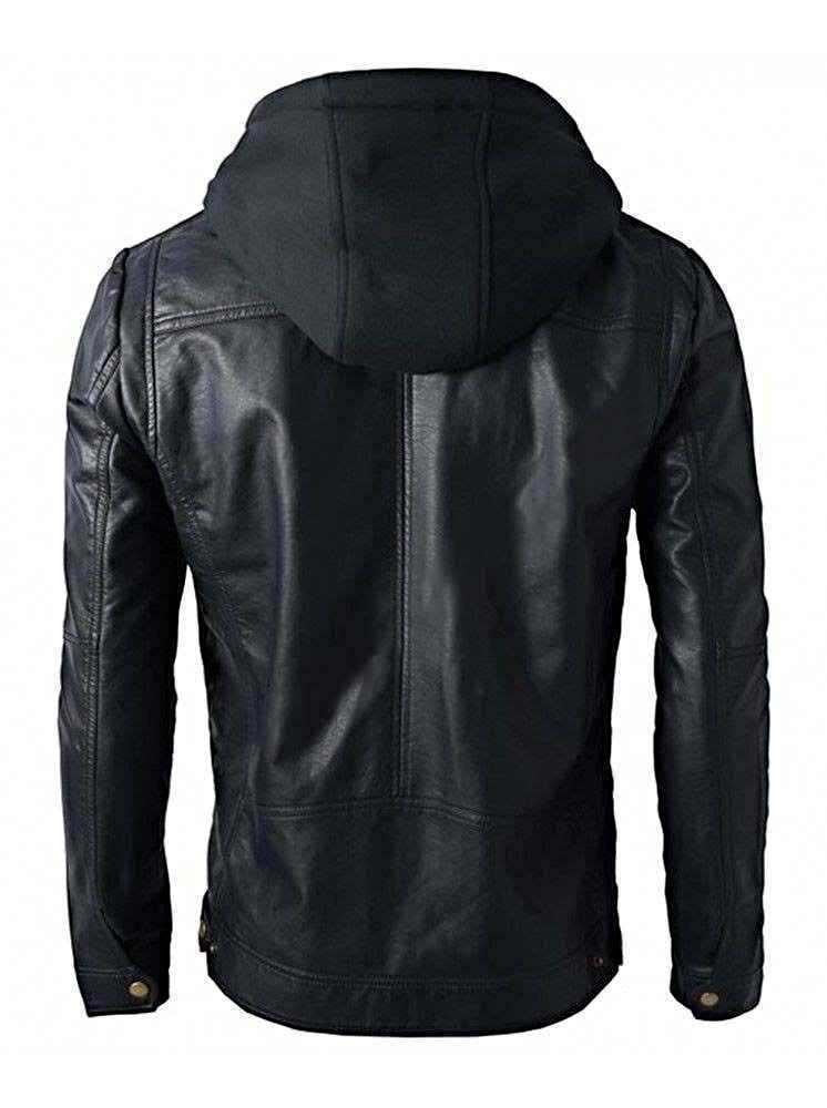 Scarlett Stitch Men's black faux leather hooded jacket with detailed stitching and antique brass hardware.