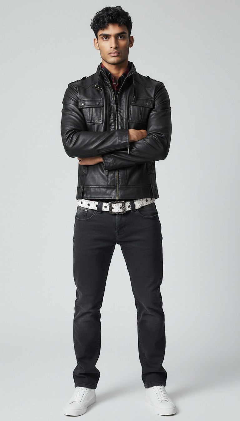 Scarlett Stitch Men's black faux leather moto jacket with stand-up collar, snap pockets, and epaulets.