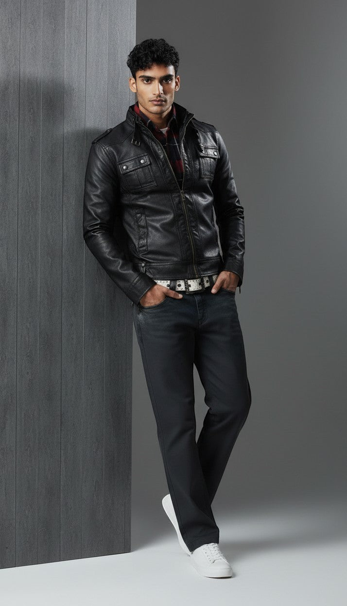 Scarlett Stitch Men's black faux leather moto jacket with snap collar, zip front, chest pockets, and epaulets.