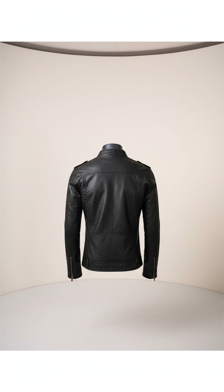 Scarlett Stitch Men's black faux leather moto jacket with zippered cuffs and epaulet details.